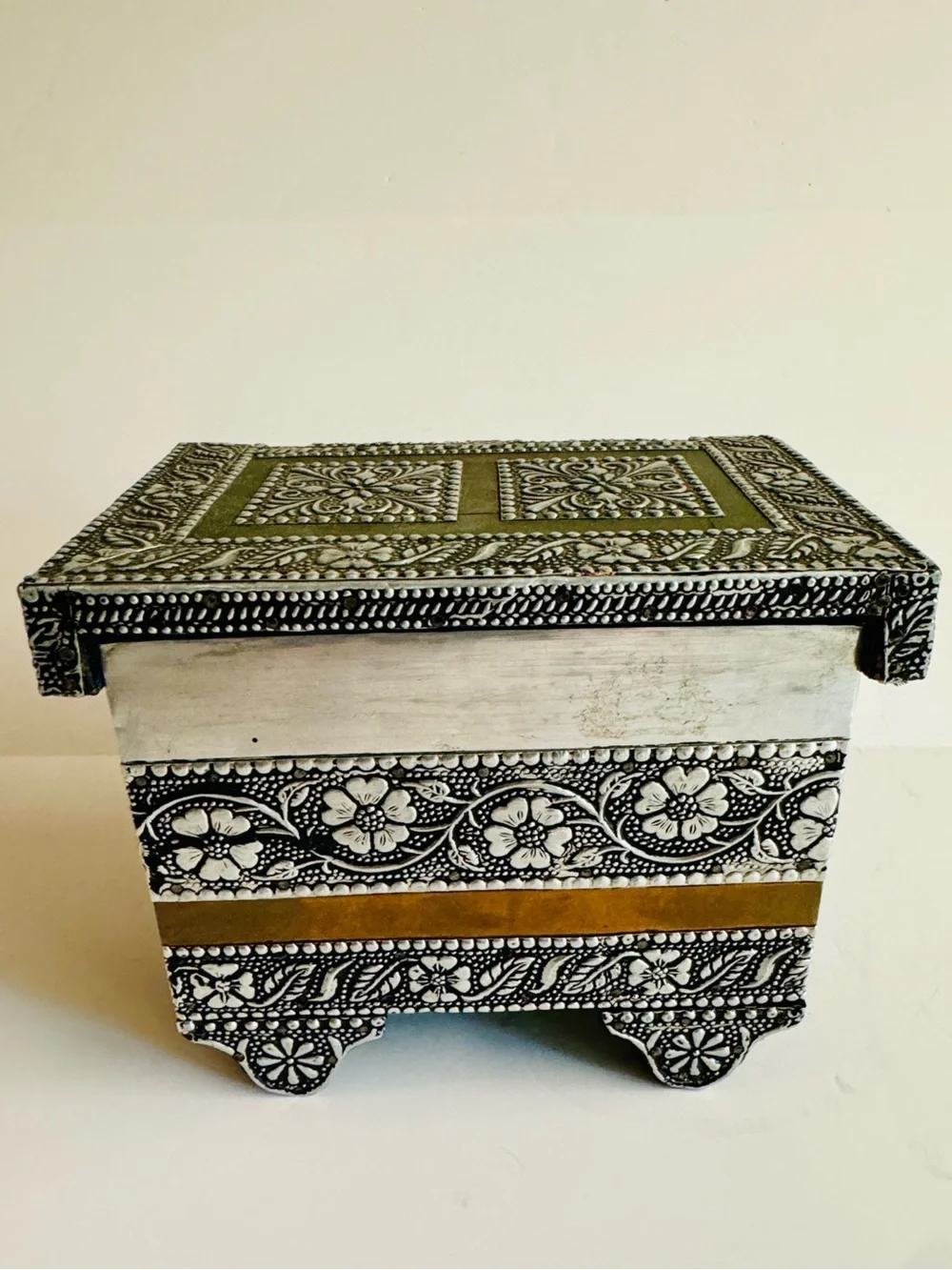 Vintage Tin and Copper Floral Embossed Jewelry Box with Mirrors + Velvet lining.